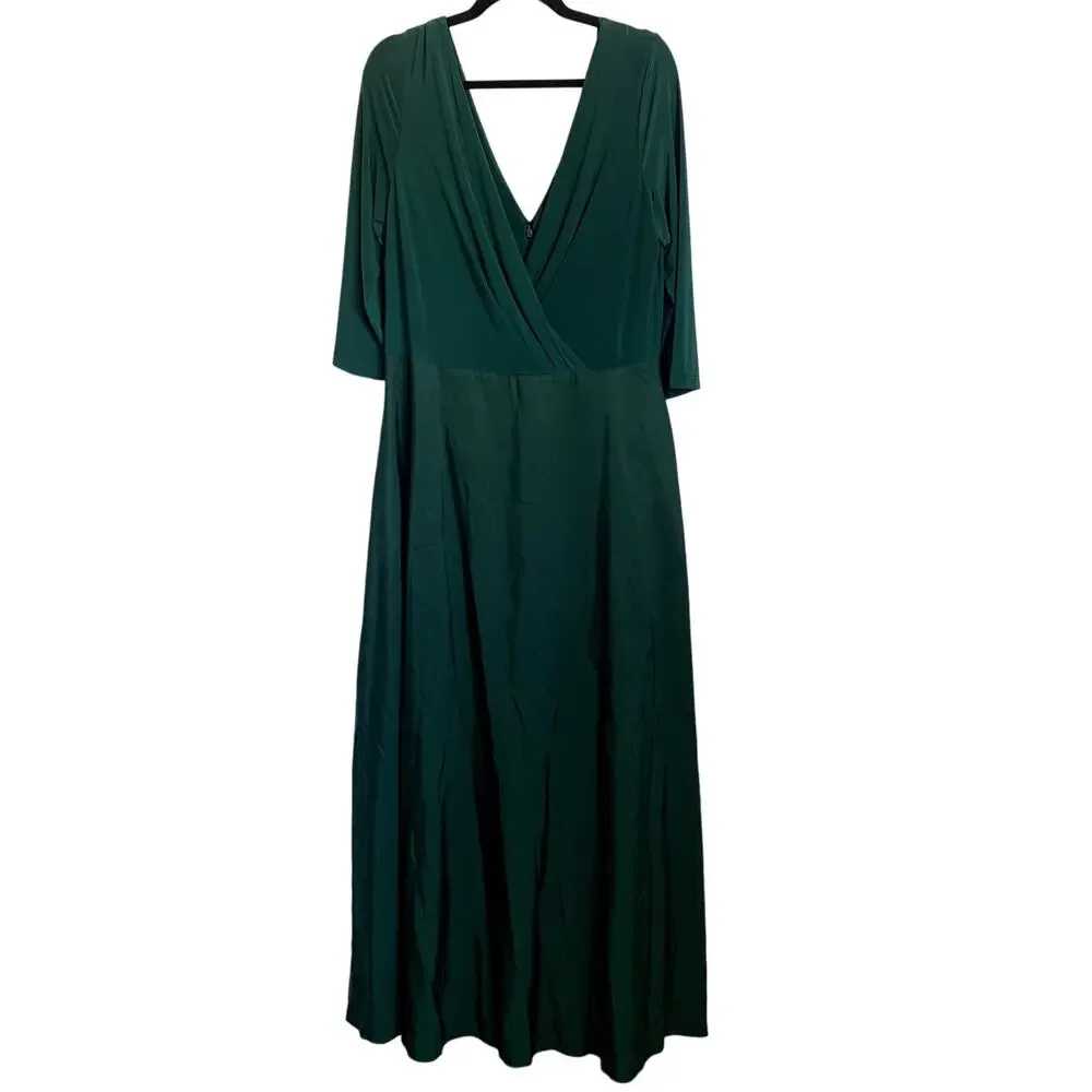 NEW Alfred‎ Sung Jersey Mikado V Neck 3/4 Sleeve A-Line Gown in Hunter Green - Picture 2 of 7